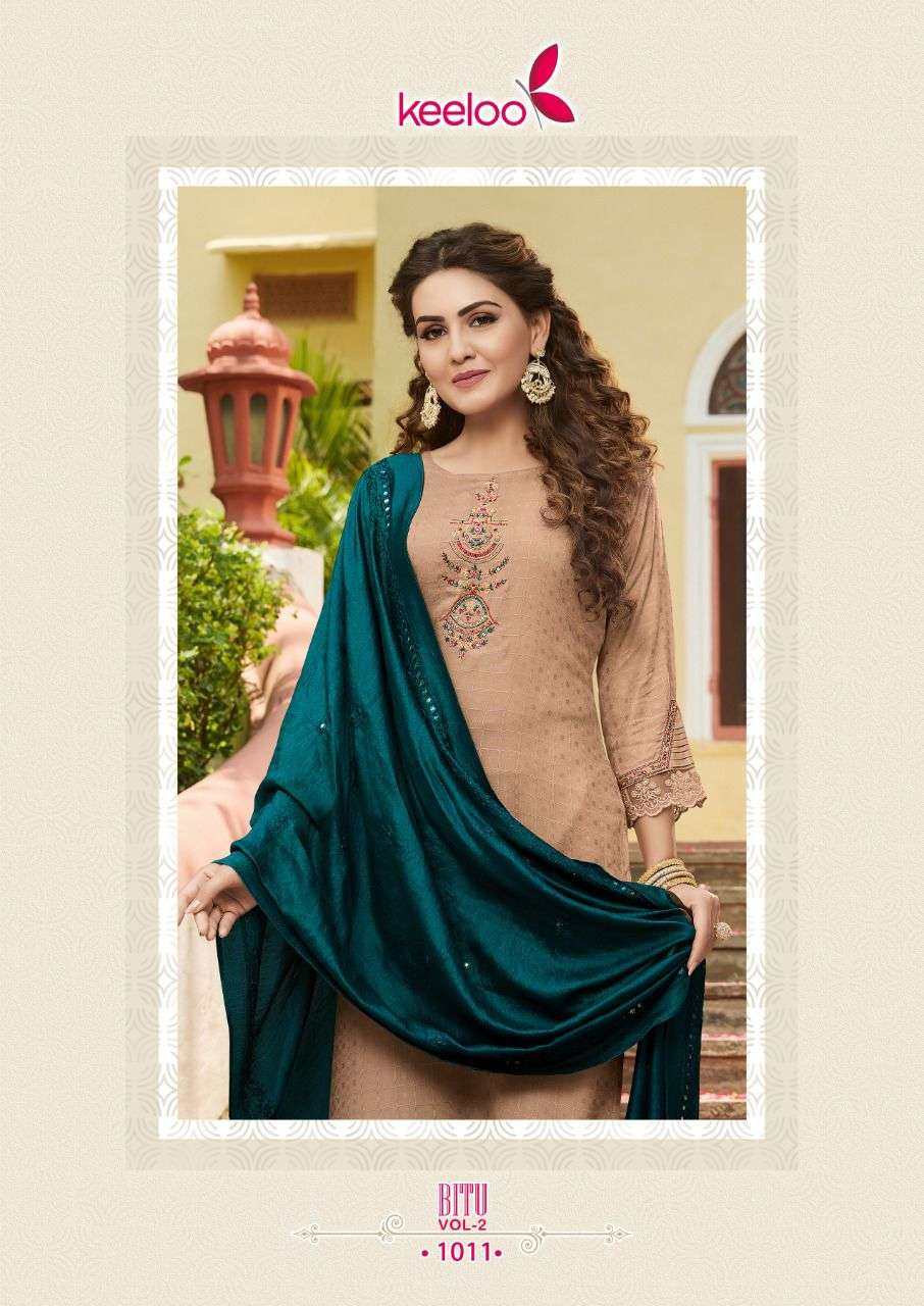 Keeloo-Bitu-2-Rayon-Chex -Dobby-Embroidery Work Kurti-With-Pant-and-Chanderi -Mirror-work-Dupatta-1011-C